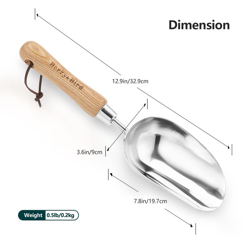 Berry&Bird Garden Loose Soil Scoop, Stainless Steel Hand Shovel Spade with Wood Handle Multi Function Gardening Trowel Spoons for Transplanting, Digging, Planting, Cultivation - Image 3